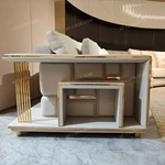 Curved Modular Luxury Sofa Set with Premium Top-Grain Leather, Polished Gold Stainless Steel Frame & Natural Marble Inlay